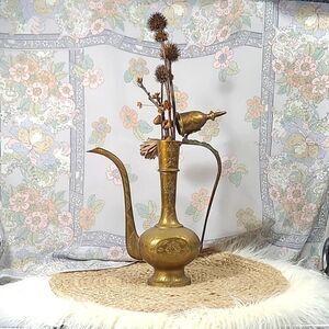 bohemian vintage antique 1800's patina brass hand carved teapot vase flower